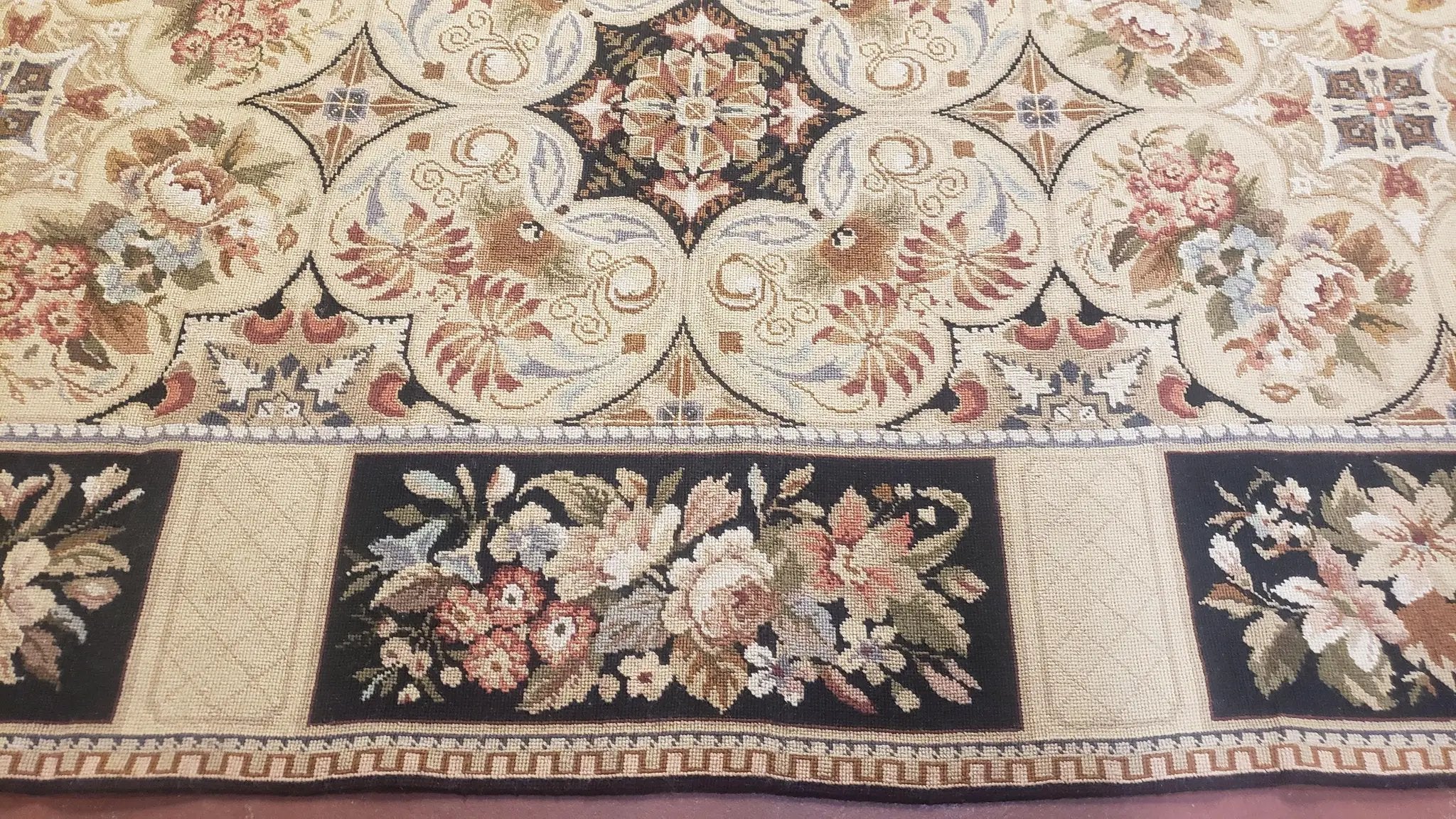 Needlepoint Rug 8x10ft Allover European Design Flowers 100% Wool Hand Knotted Aubusson Area Rug Brand New Flatweave Needle Point Carpet Chic by Jewel Rugs