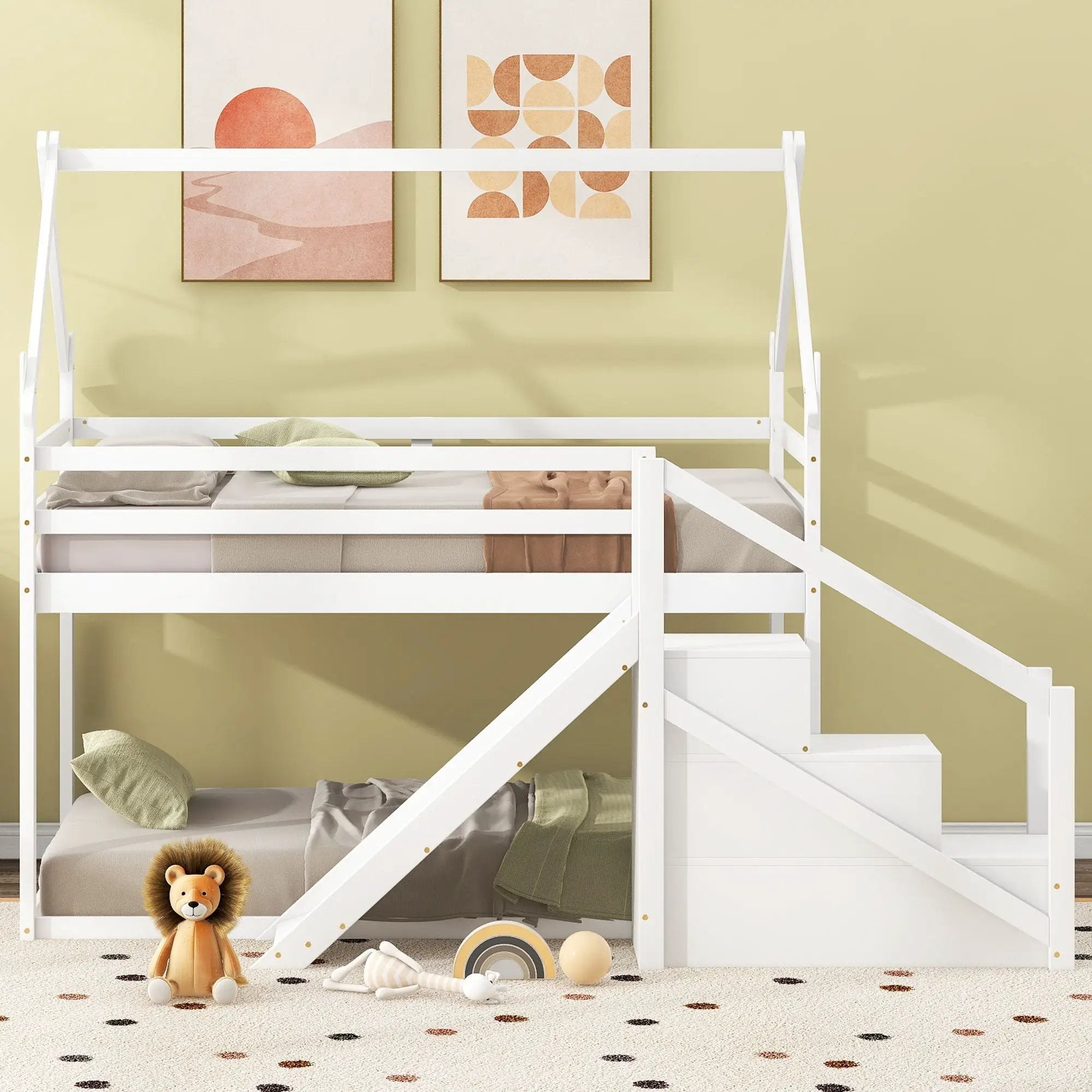 Twin Over Twin House Loft Or Bunk Bed With Slide And Staircase by HouseOfZazla