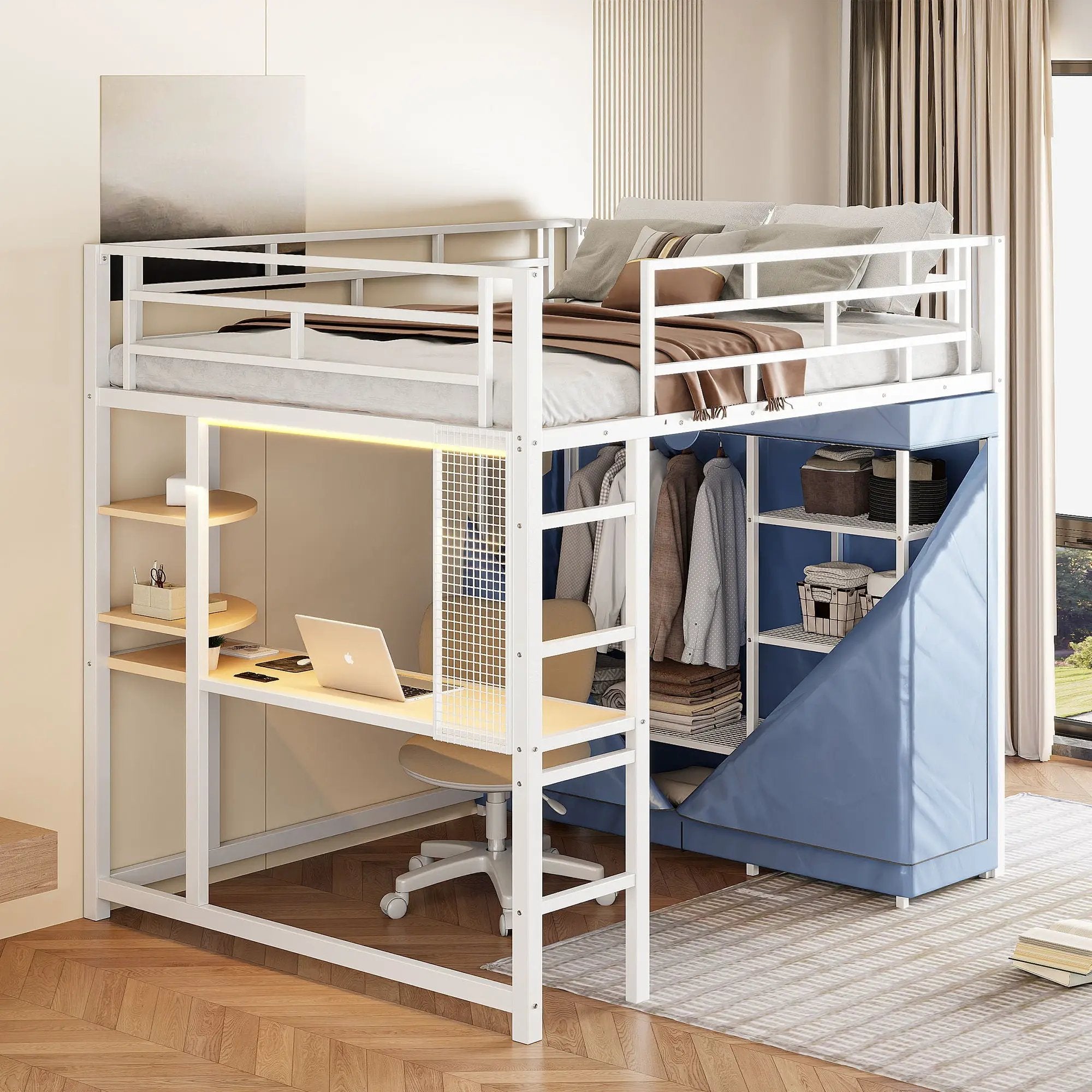 Loft Bed With Desk, Shelves, Power Outlet, LED Light And Wardrobe by HouseOfZazla