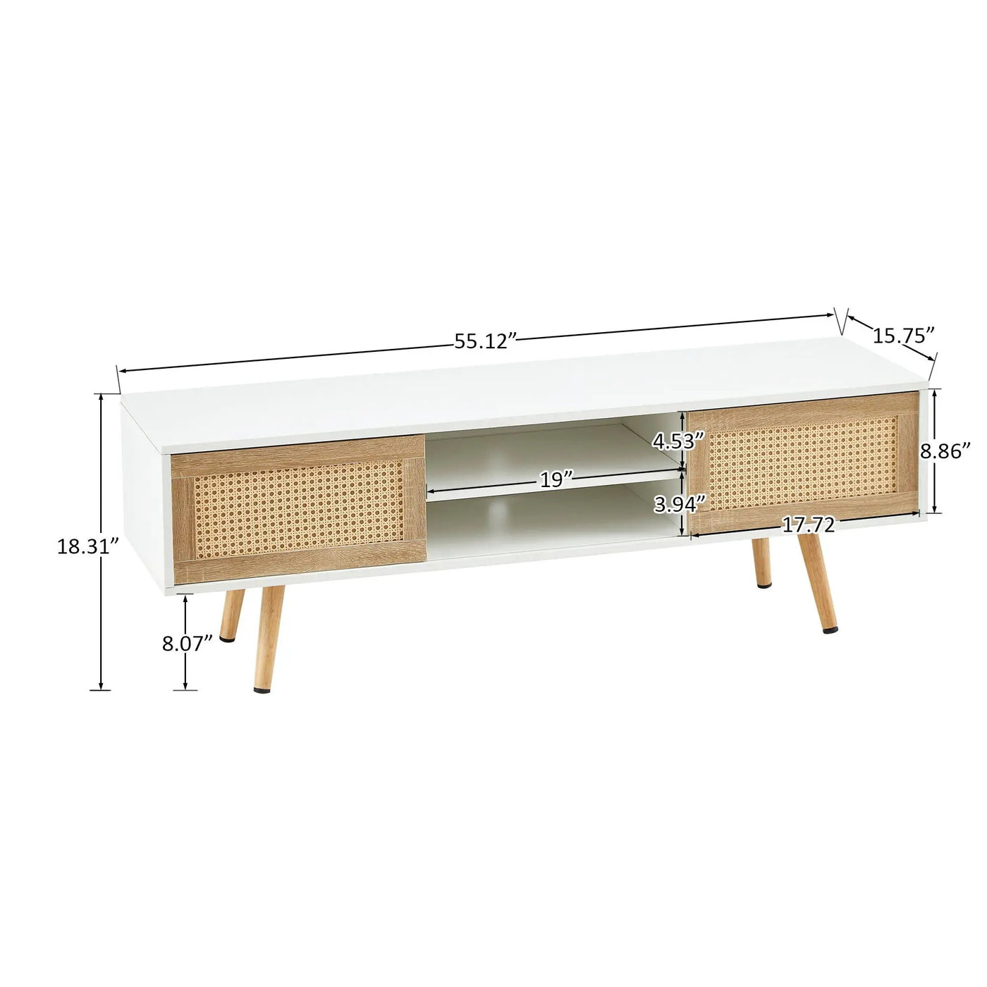 55.12" Rattan TV Cabinet, Double Sliding Doors For Storage, Adjustable Shelf, Solid Wood Legs, TV Console For Living Room by HouseOfZazla