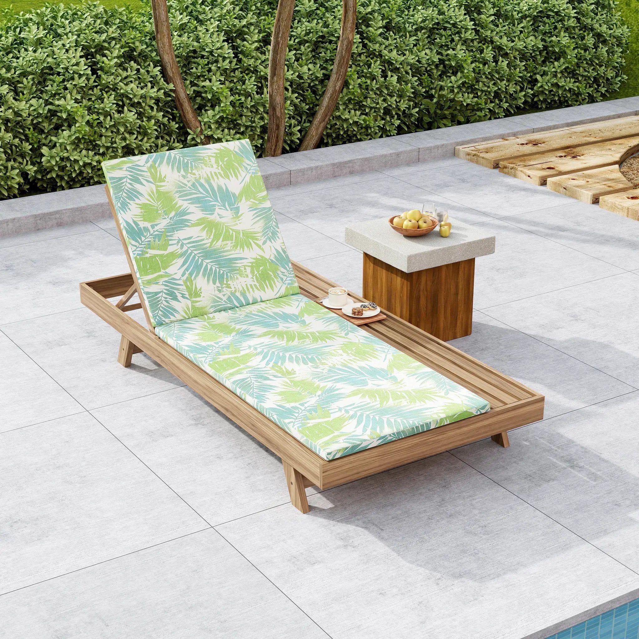 Lounge Chaise Set, Space Available On One Side, Acacia Wood In light brown With Water-Resistant Lounge Cushions (Leaf Coconut & 2 Inch Thick) – Matching Cream/Dark Grey Version Available by HouseOfZazla