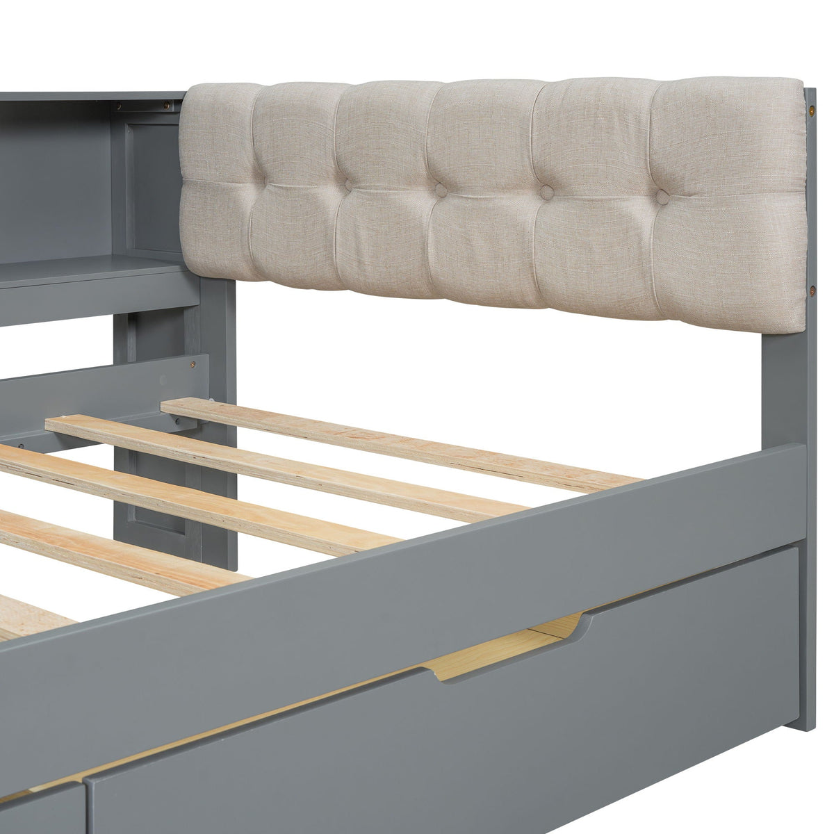 Upholstered Headboard Storage Bed with Shelves, Drawers, and Charging Station - Dark Gray or Beige, photo 28 of 40