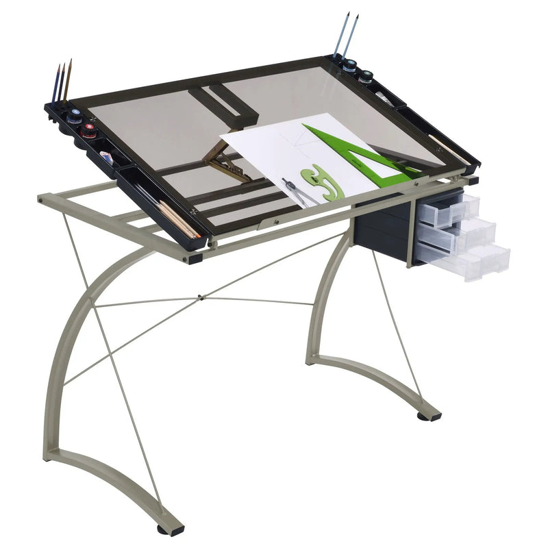 Melo 41-inch Glass Top Drafting Table with Storage Silver by Unique Piece Furniture