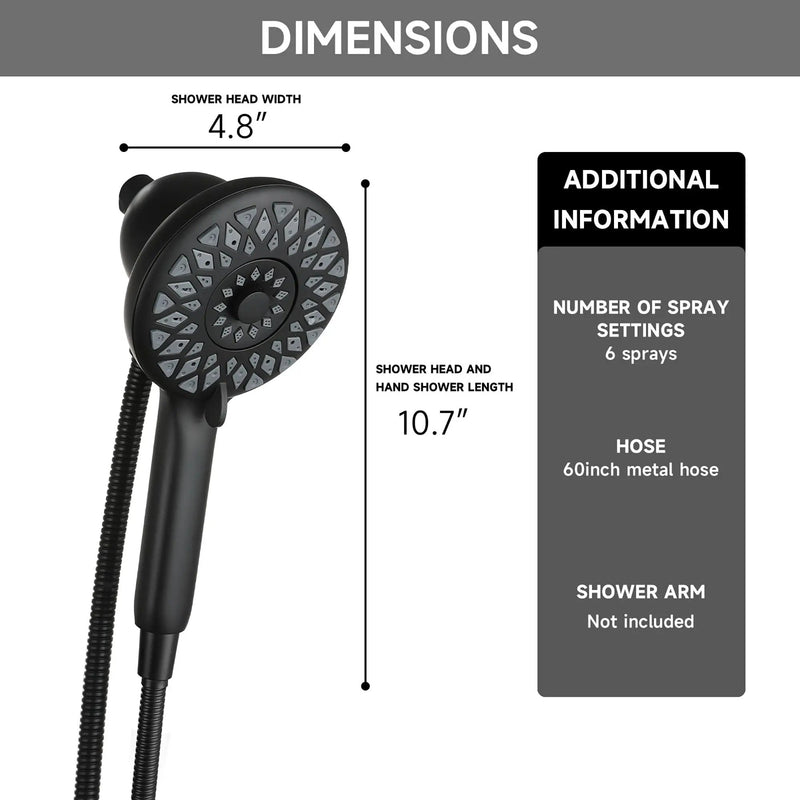 High Pressure Shower Heads 6 Spray Mode Handheld Shower With 60" Stainless Steel Hose - Matte Black by HouseOfZazla