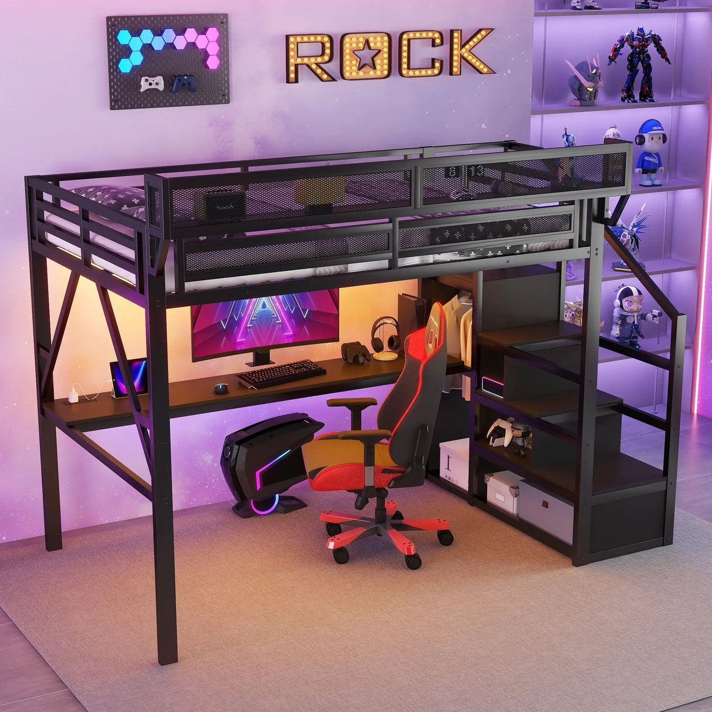 Loft Bed With Desk And Charging Station With Stairs And Light by HouseOfZazla