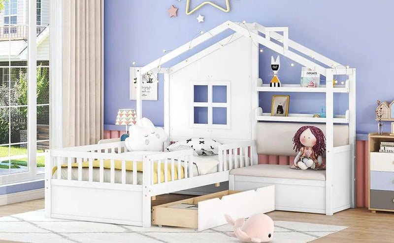 House Bed With Sofa, Kids Platform Bed With 2 Drawers And Storage Shelf by HouseOfZazla