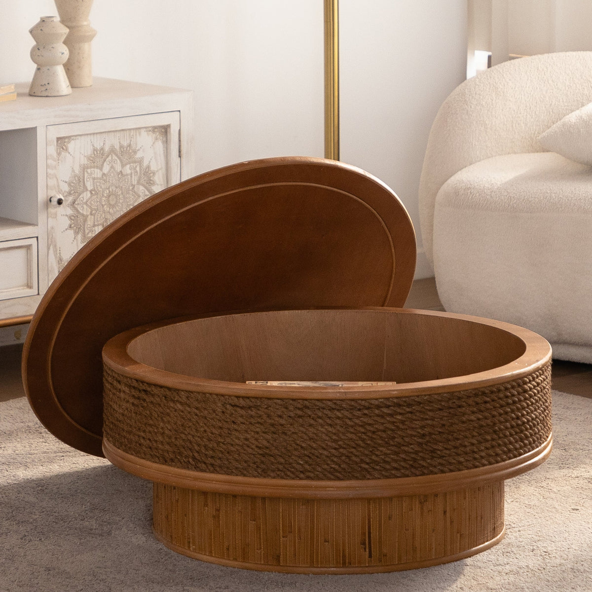 31.5" Round Retro Coffee Table With Flip-top Cover - Hemp Rope + Rattan,Featuring a Vintage, photo 4 of 10