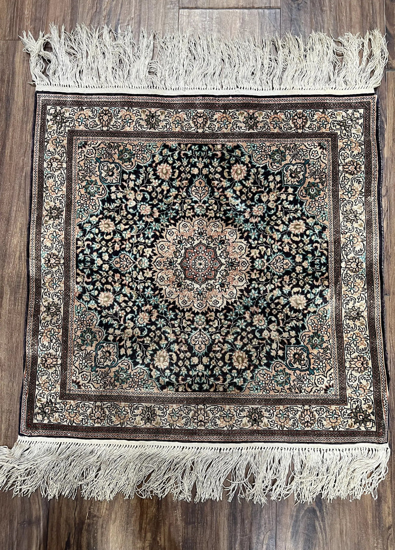 Sino Persian Silk Rug 2x2 ft, Very Fine High KPSI Small Silk Oriental Carpet, Hand-Knotted, Medallion, Vintage Silk Rug, Black Ivory/Cream by Jewel Rugs