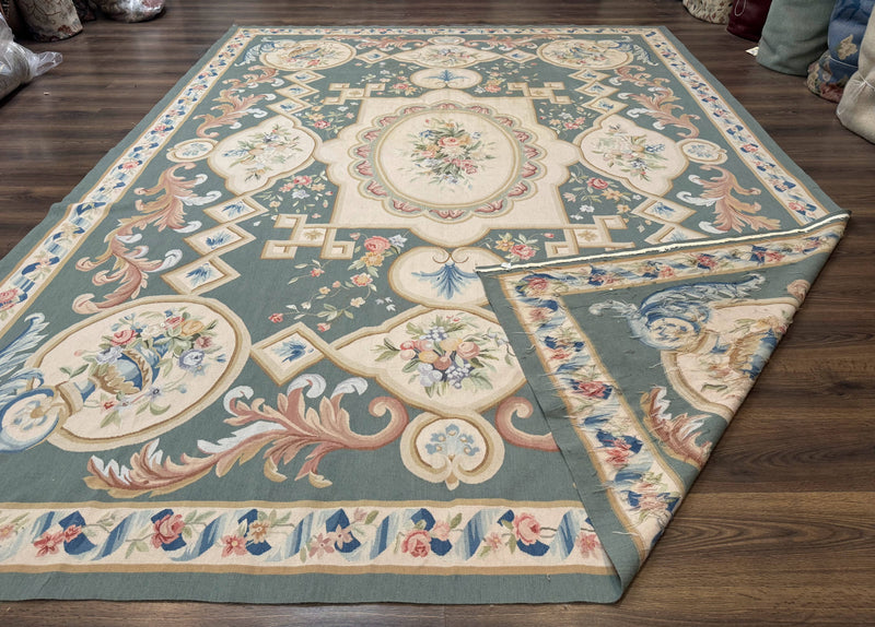 Aubusson Rug 9x12, Muted Sage Green and Cream, European Design by Jewel Rugs