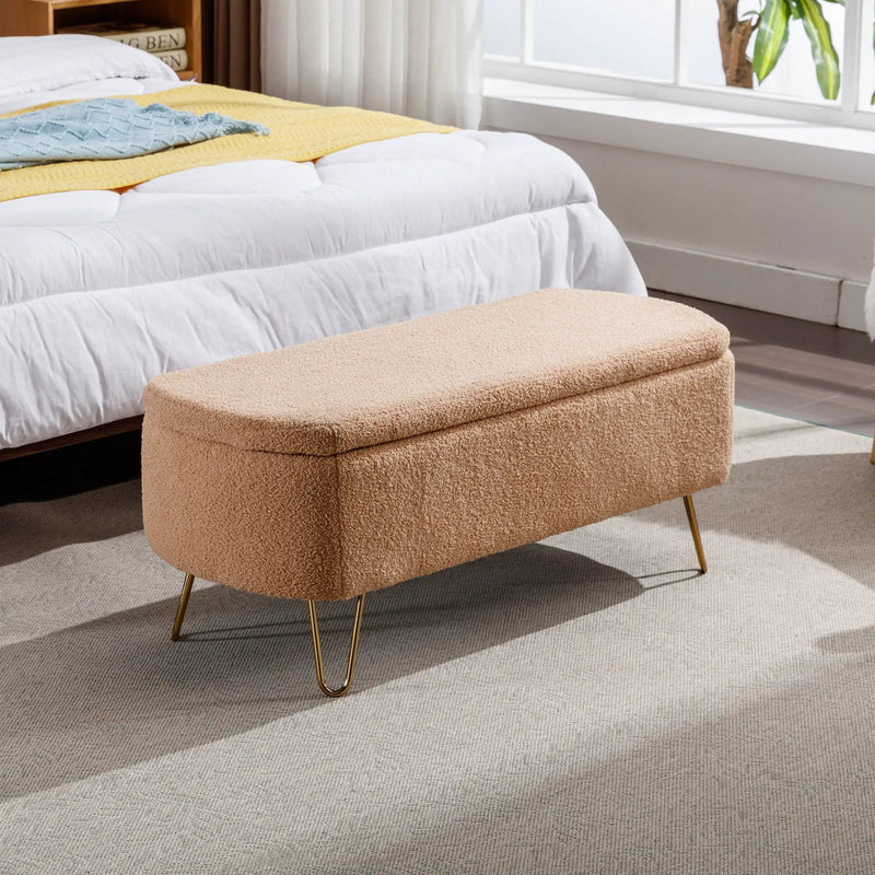 Storage Ottoman Bench For End Of Bed Legs, Modern Camel Faux Fur Entryway Bench Upholstered Padded With Storage For Living Room Bedroom by Unique Piece Furniture