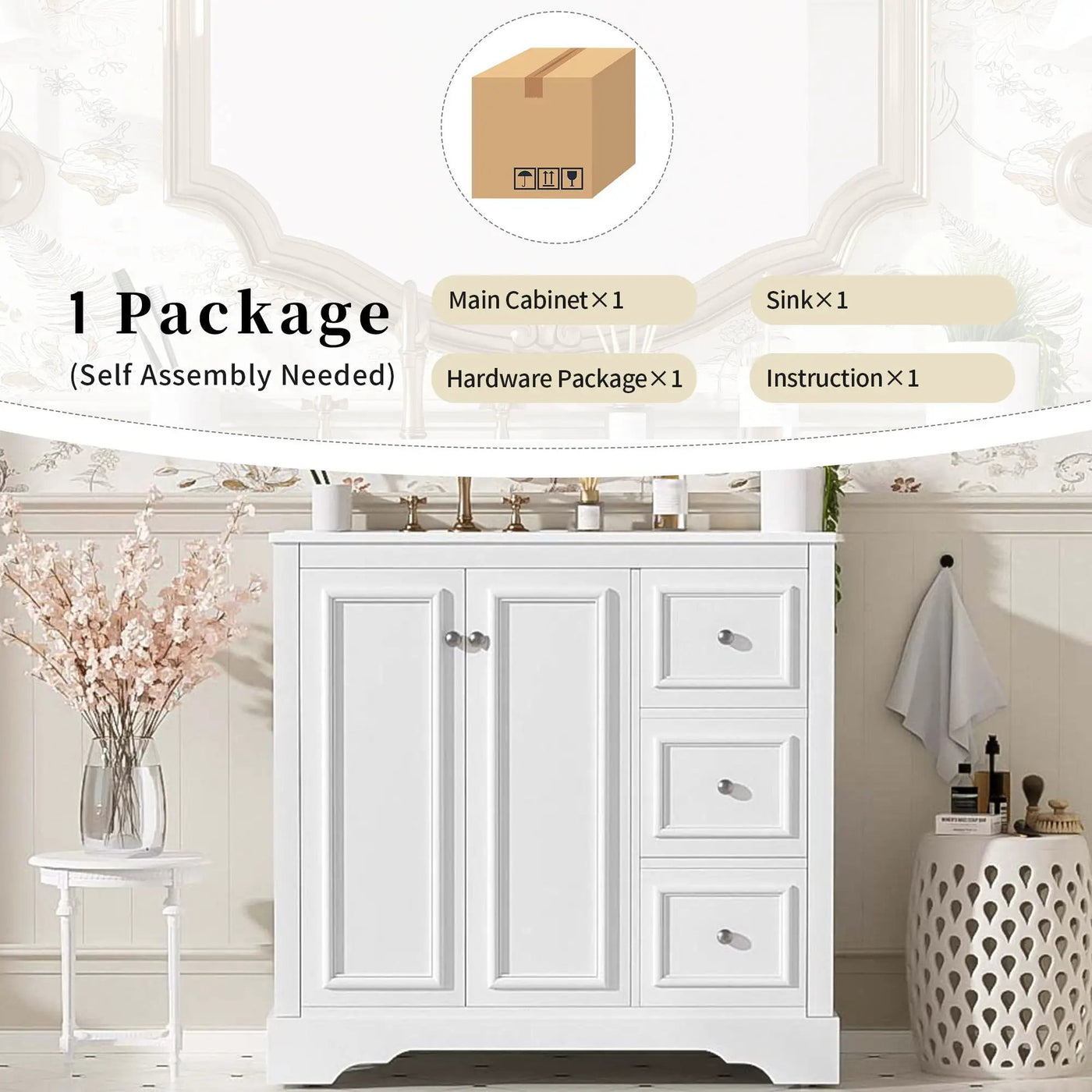 Bathroom Vanity With Sink, Soft-Close Doors, Adjustable U-Shelf, 3 Drawers by HouseOfZazla