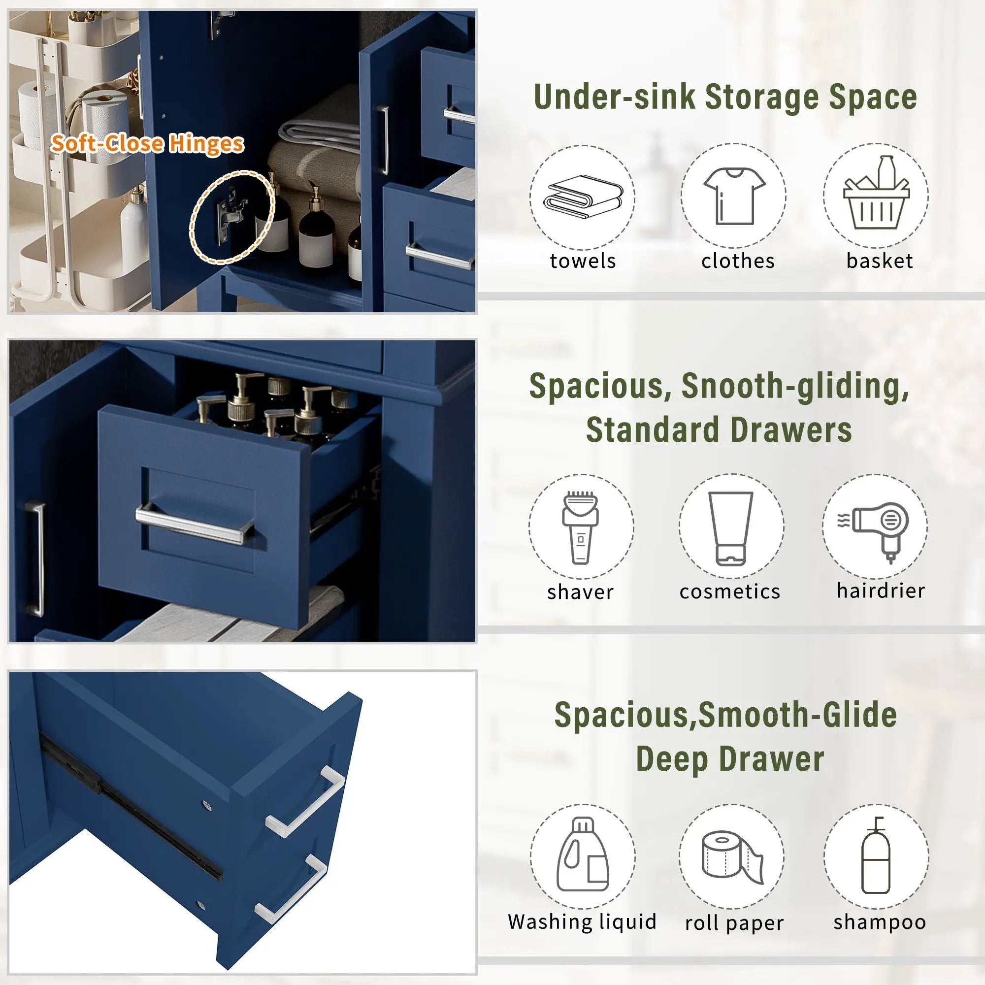 Modern Bathroom Vanity With Sink, Storage Cabinet, Soft Close Doors, Deep & Standard Drawers by HouseOfZazla
