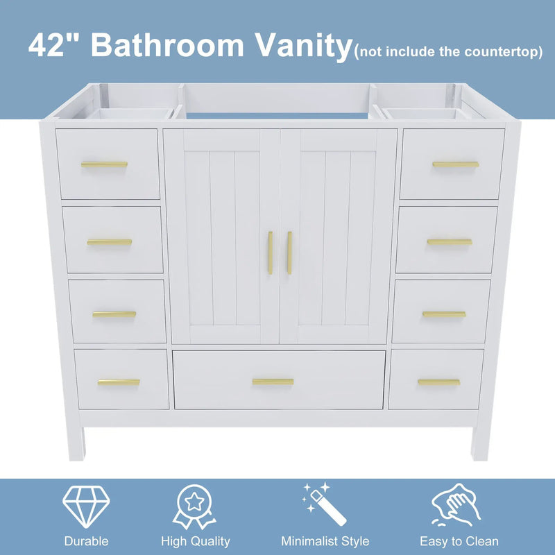 42" Bathroom Vanity Base Cabinet with 2 Soft-Close Double Doors & 9 Smooth Drawers by HouseOfZazla