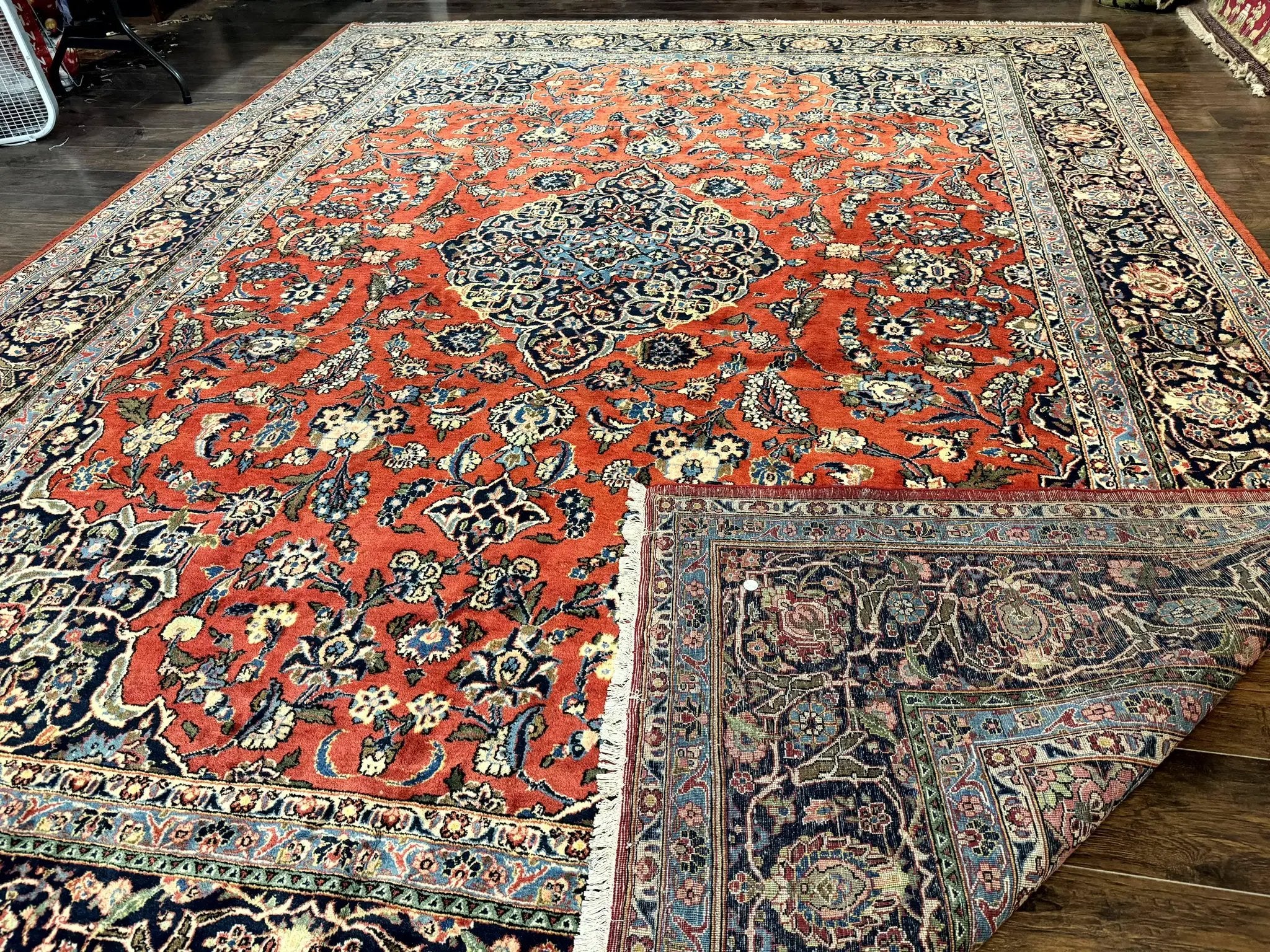 Red Persian Kashan Rug 10x14, Hand-Knotted Semi Antique Floral Medallion Handmade Wool Carpet, Red & Navy Blue by Jewel Rugs