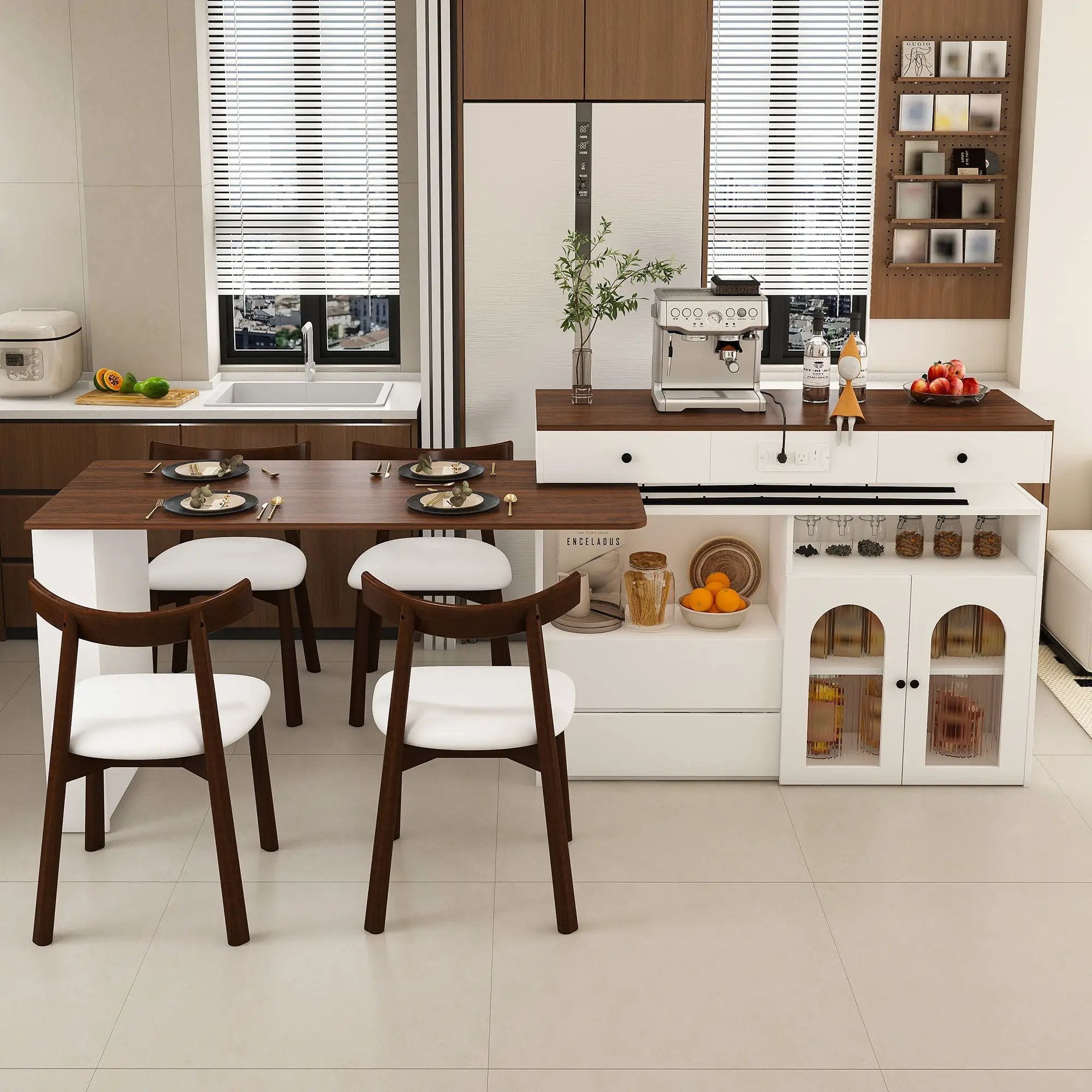 Retro Kitchen Island Set With Chairs, Extendable & Rotating Table, 4 Drawers & Door Cabinets by HouseOfZazla