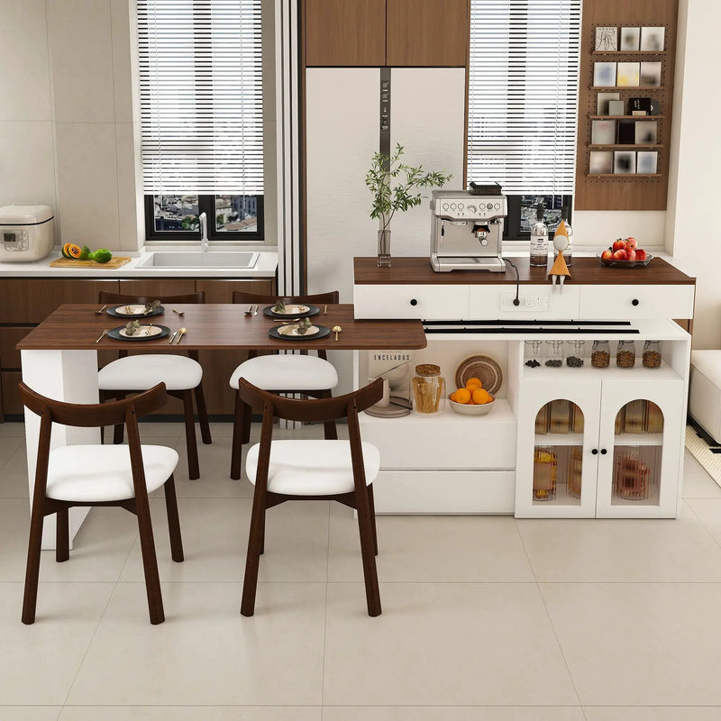 Retro Kitchen Island Set With Chairs, Extendable & Rotating Table, 4 Drawers & Door Cabinets by HouseOfZazla