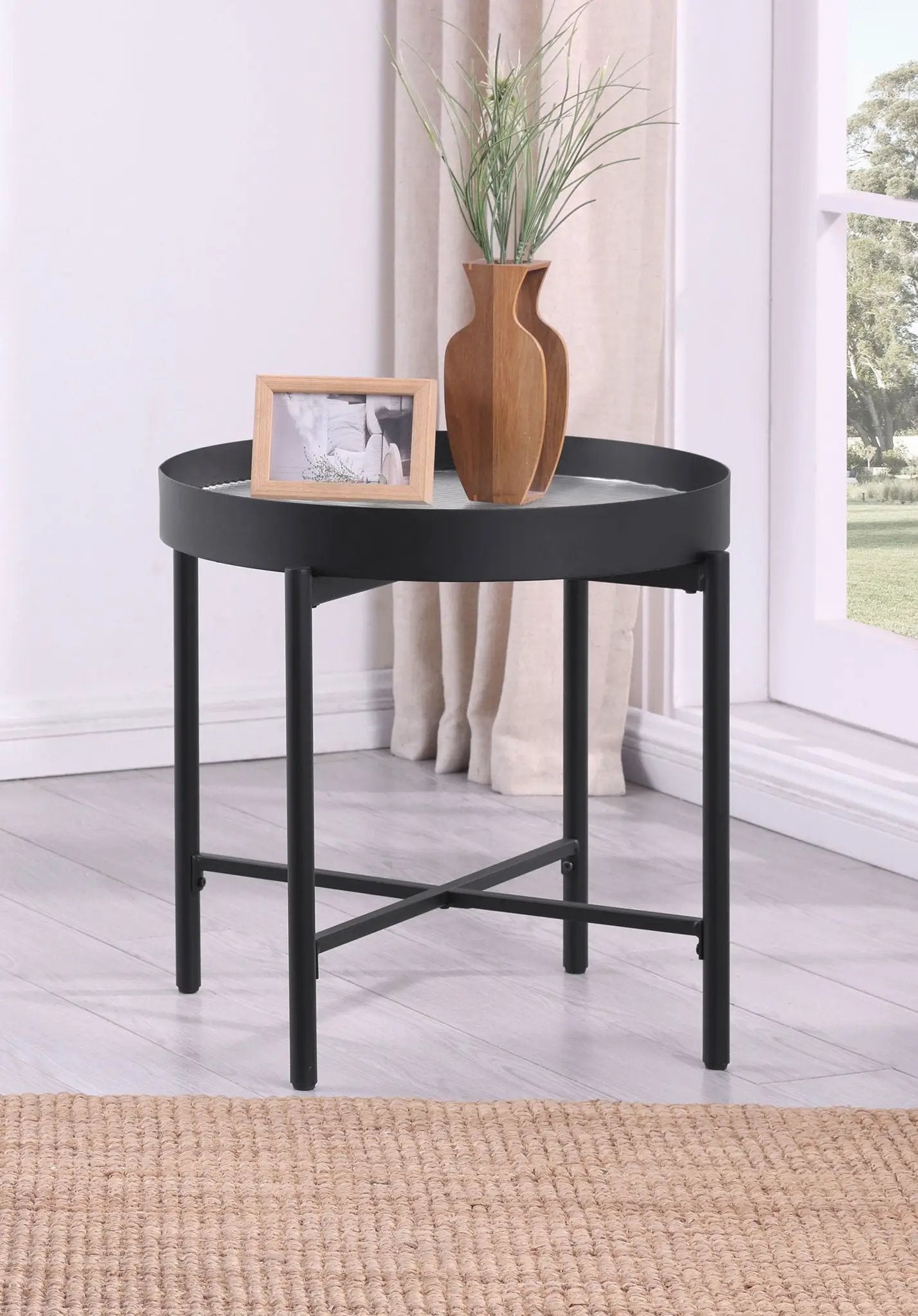 Ozella Round End Side Table with Recessed Top Sandy Black by Unique Piece Furniture