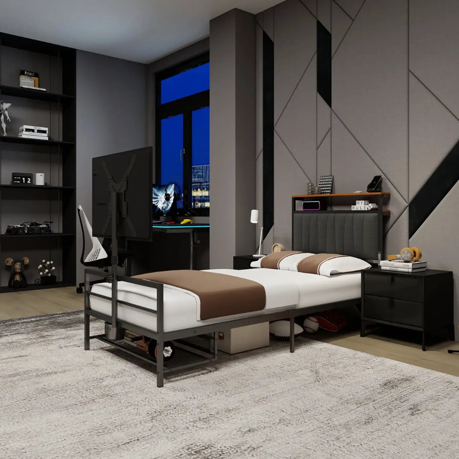 Twin Size Gaming Bed with Rotating TV Mount and LED Lighting by HouseOfZazla