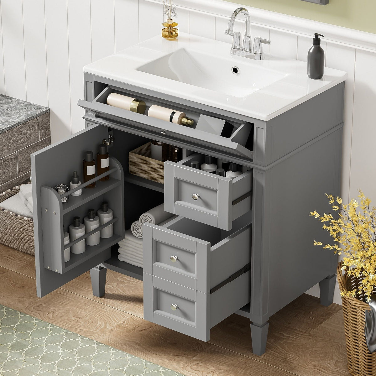 Dark Gray Bathroom Vanity With Top Sink, 2 Drawers & Tip Out Drawer, photo 50 of 66