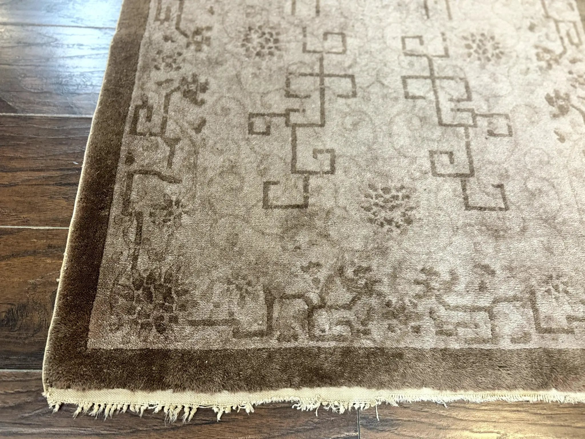 Antique Chinese Fette Rug 3x6, Taupe, Handmade Wool Chinese Carpet by Jewel Rugs