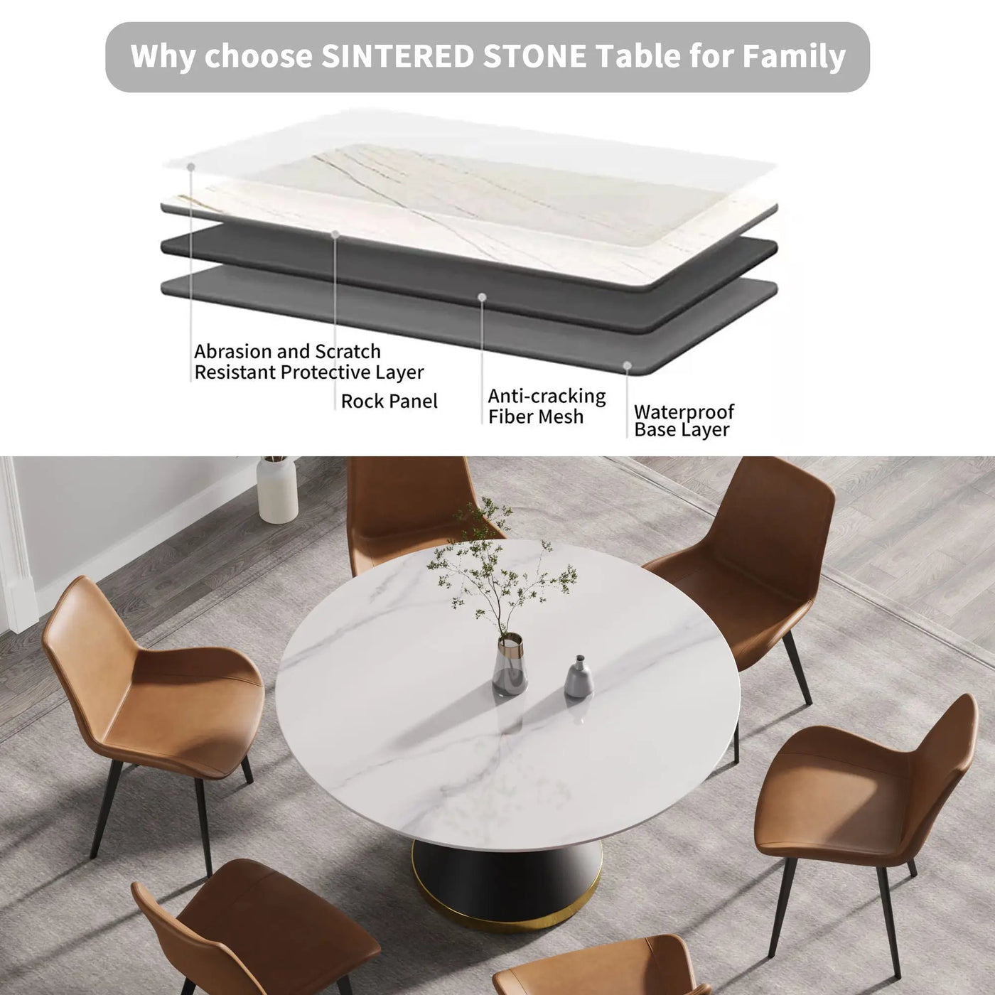 Modern Artificial Stone Round Carbon Steel Base Dining Table, Can Accommodate 6 People by Unique Piece Furniture