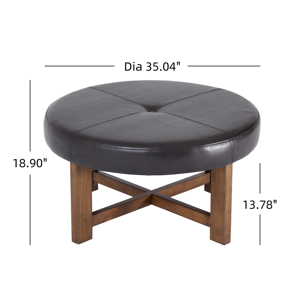Round Leather Ottoman Coffee Table with Solid Wood Base, photo 5 of 10