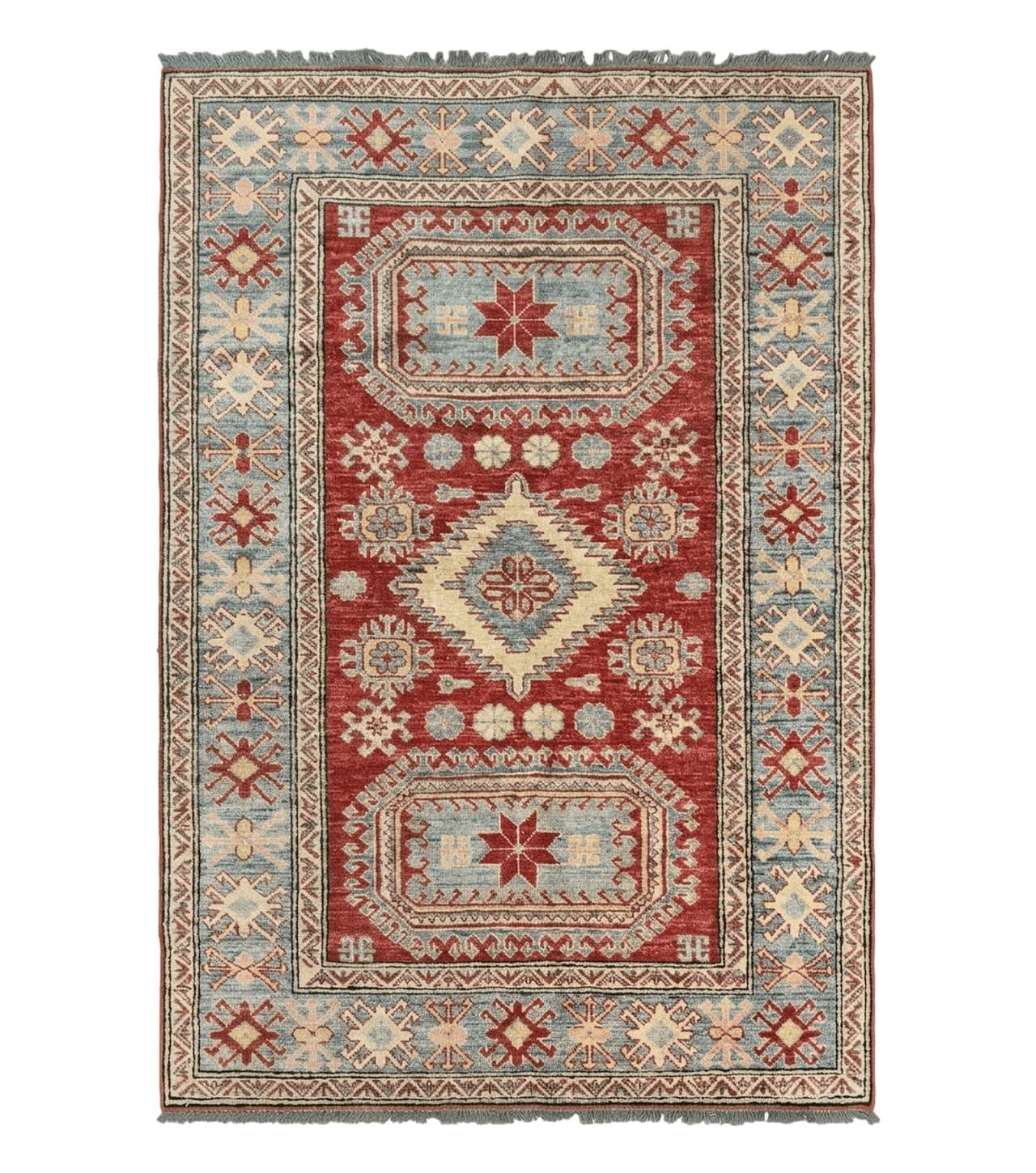 Turkish Kazak Rug 4x6, Handmade Vintage Wool Carpet, Geometric Design, Red and Light Blue by Jewel Rugs
