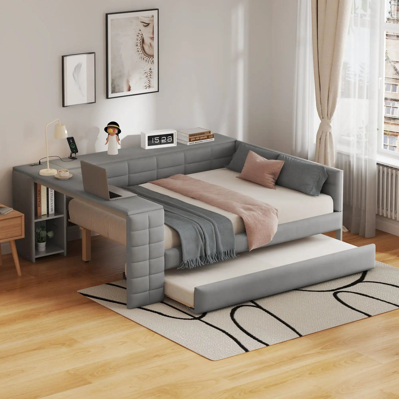 Upholstered Platform Bed With Storage Shelves, Desk, Charging Station And Trundle by HouseOfZazla