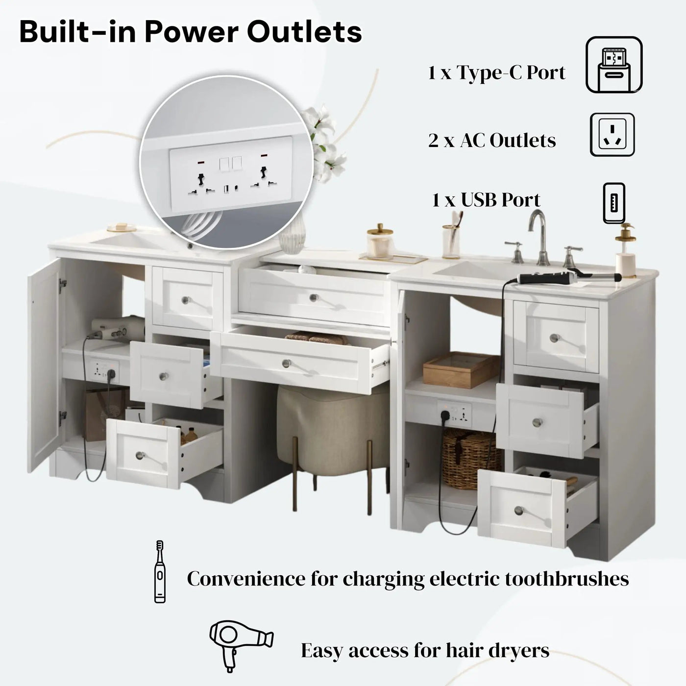 Double Sink Bathroom Vanity With Countertop, 2 Ceramic Sinks, 6 Drawers by HouseOfZazla