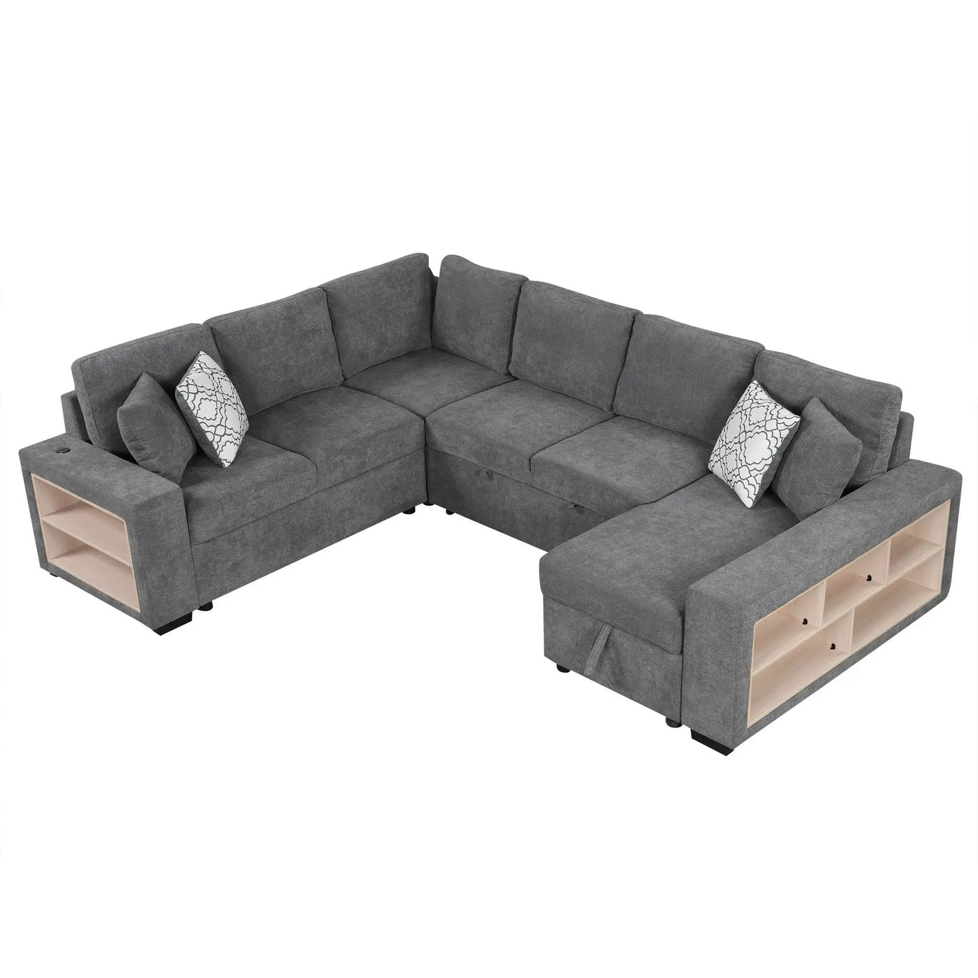 U-Shaped Sectional Sofa Pull-Out Sofa Bed With Two USB Ports, A Storage Chaise Lounge And Four Back Pillows For Living Room by Unique Piece Furniture