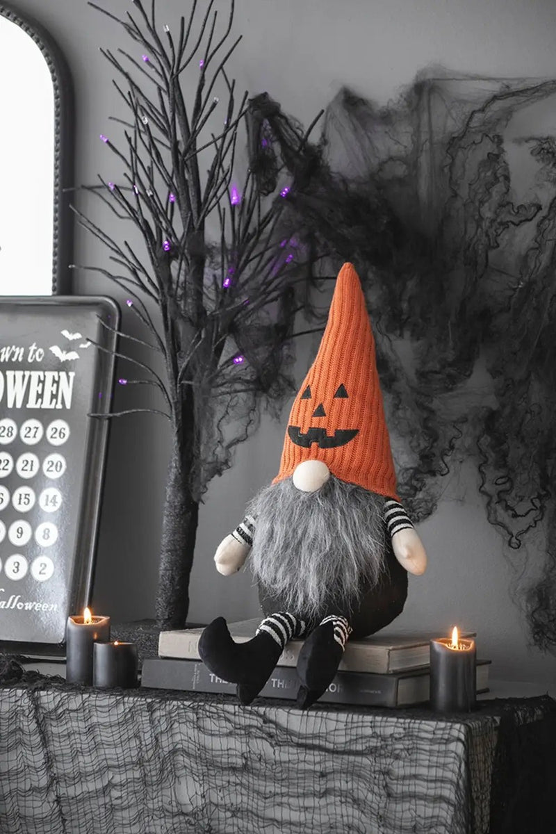 23.5" Seated Jack-O'-Lantern Gnome With Striped Limbs and Faux Fur Beard by HouseOfZazla