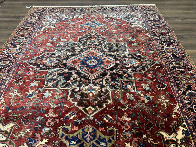 Antique Persian Heriz Rug 8x11, Geometric Tribal Wool Carpet, Brick Red by Jewel Rugs