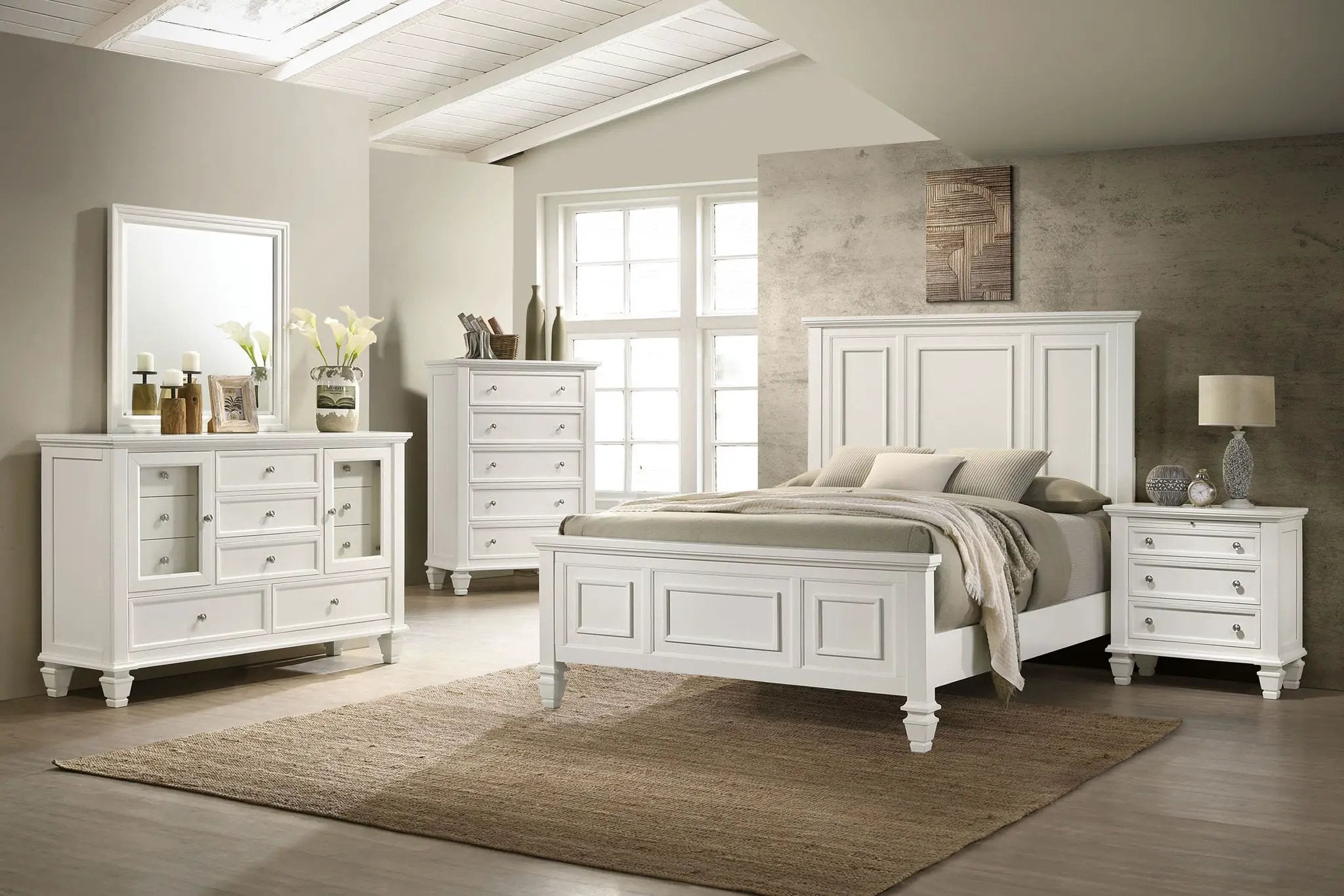 Sandy Beach Wood Queen Panel Bed Cream White by Unique Piece Furniture