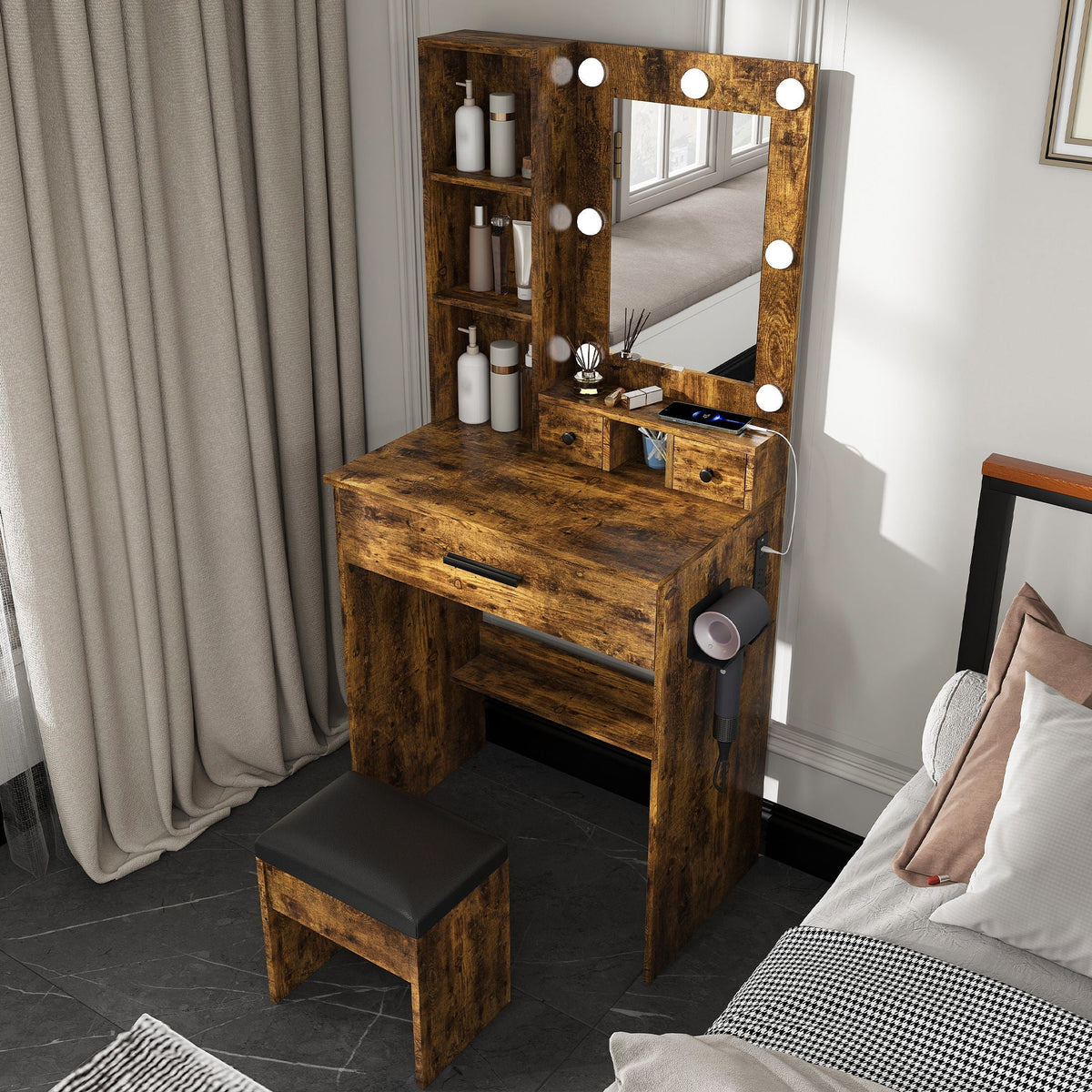 Vanity Set with Mirror, Adjustable LED Lights & Power Outlet - Wood & Mirror, photo 10 of 12