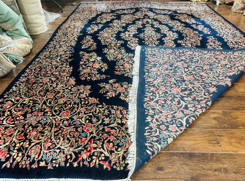 Antique Persian Kerman Rug 10x13, Navy Blue Floral Carpet, Fine 270 KPSI by Jewel Rugs