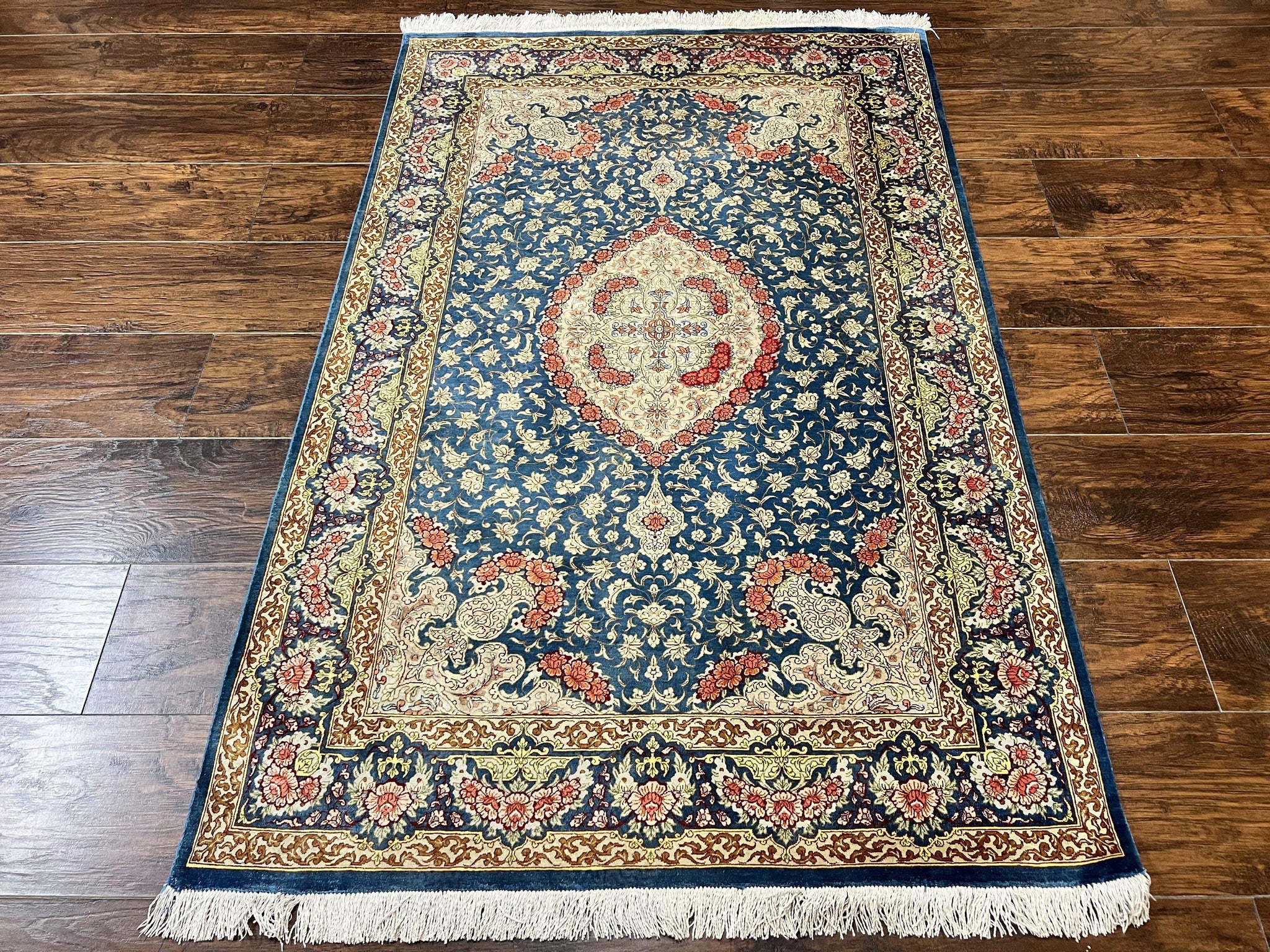 Magnificent Persian Qum Silk Rug 3x5, Blue, Super Fine 675 KPSI - 70 Raj, Floral Roses, Handmade Vintage Silk Carpet, Masterpiece by Jewel Rugs