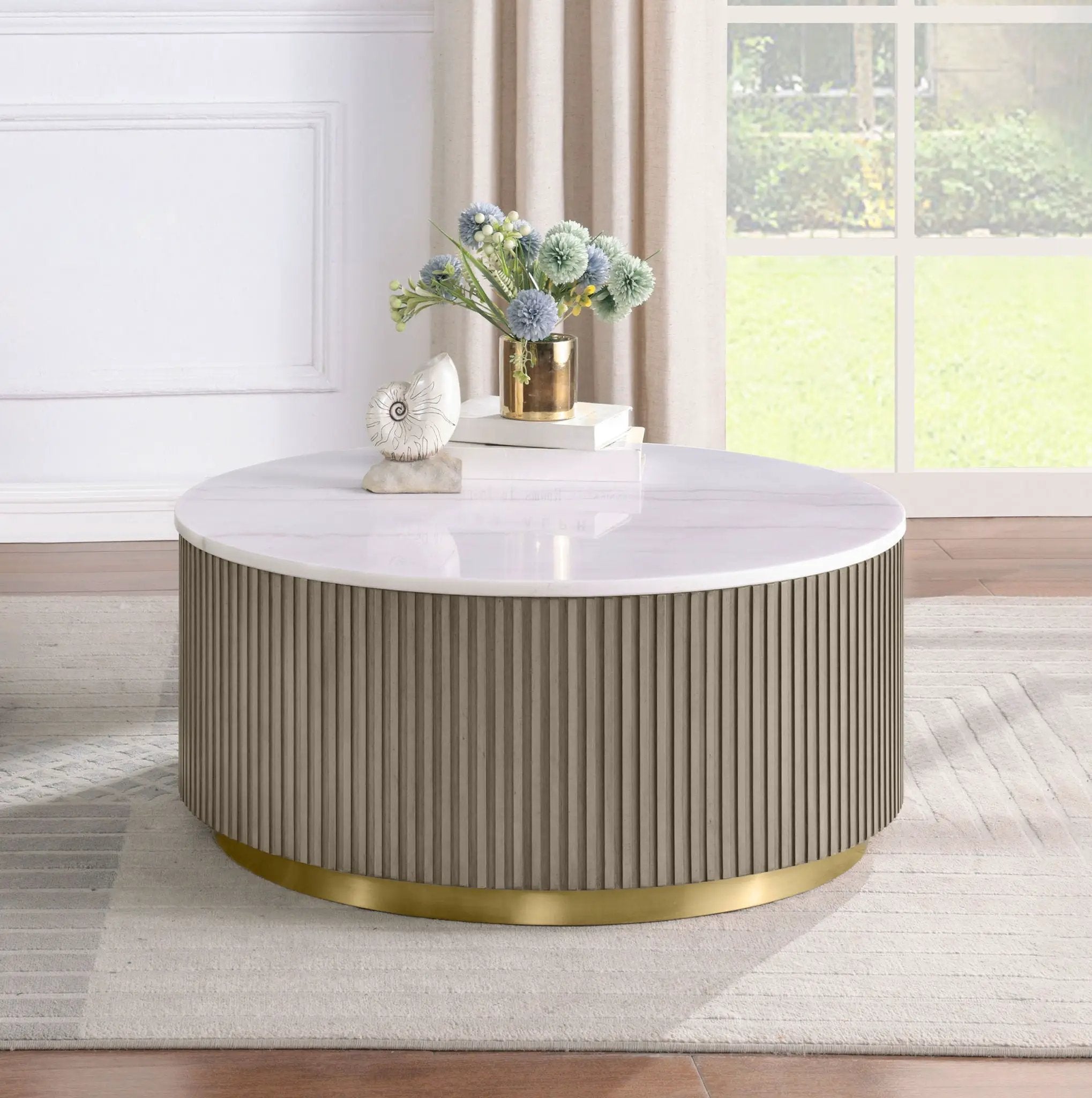 Jason Round White Marble Top Coffee Table Greige by Unique Piece Furniture