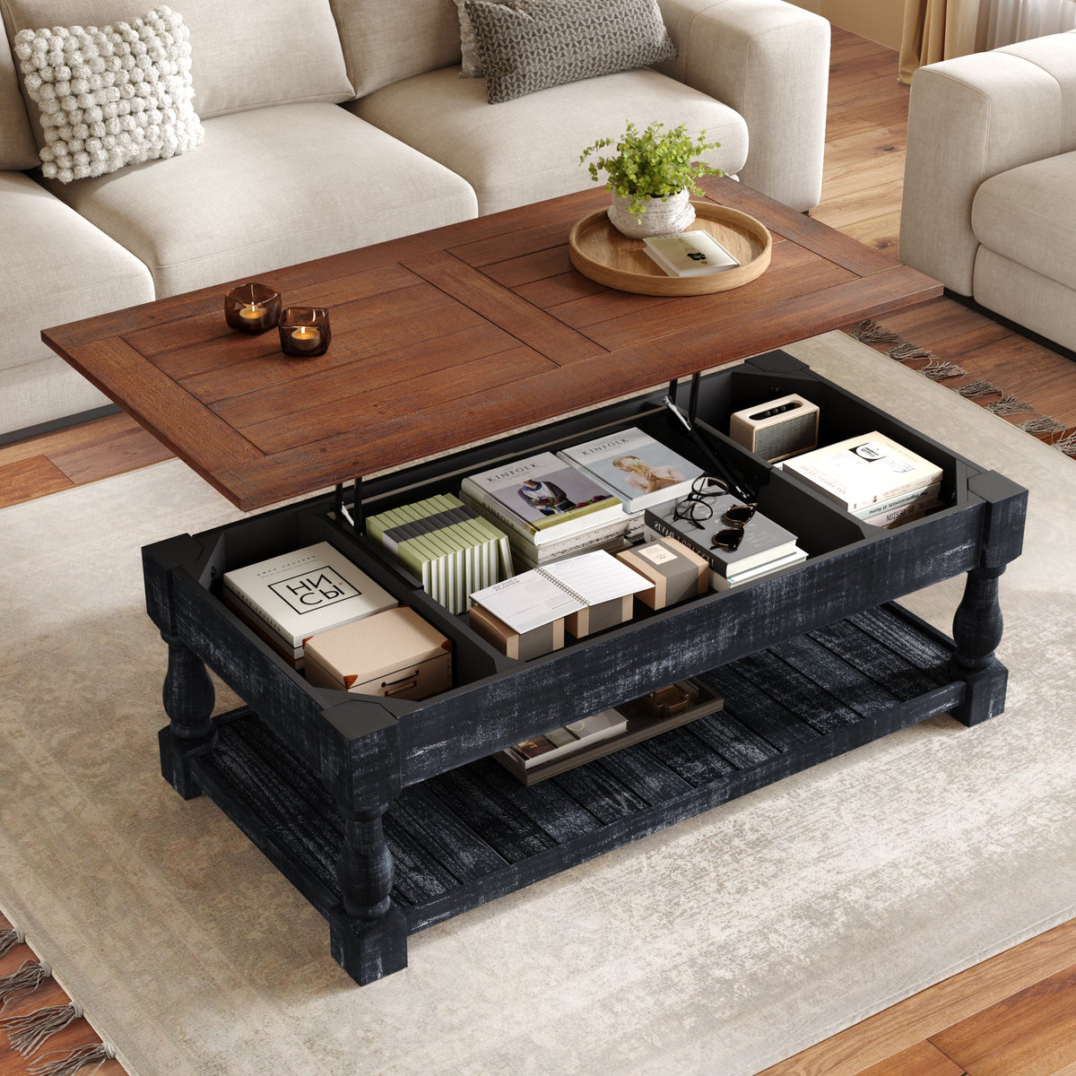 Retro Lift-Top Coffee Table with Storage for Living Room, Hidden Compartment & Lower Shelf