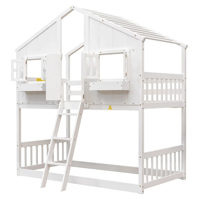 House Bunk Bed With Roof, Window, Window Box, Door, With Safety Guardrails And Ladder by HouseOfZazla