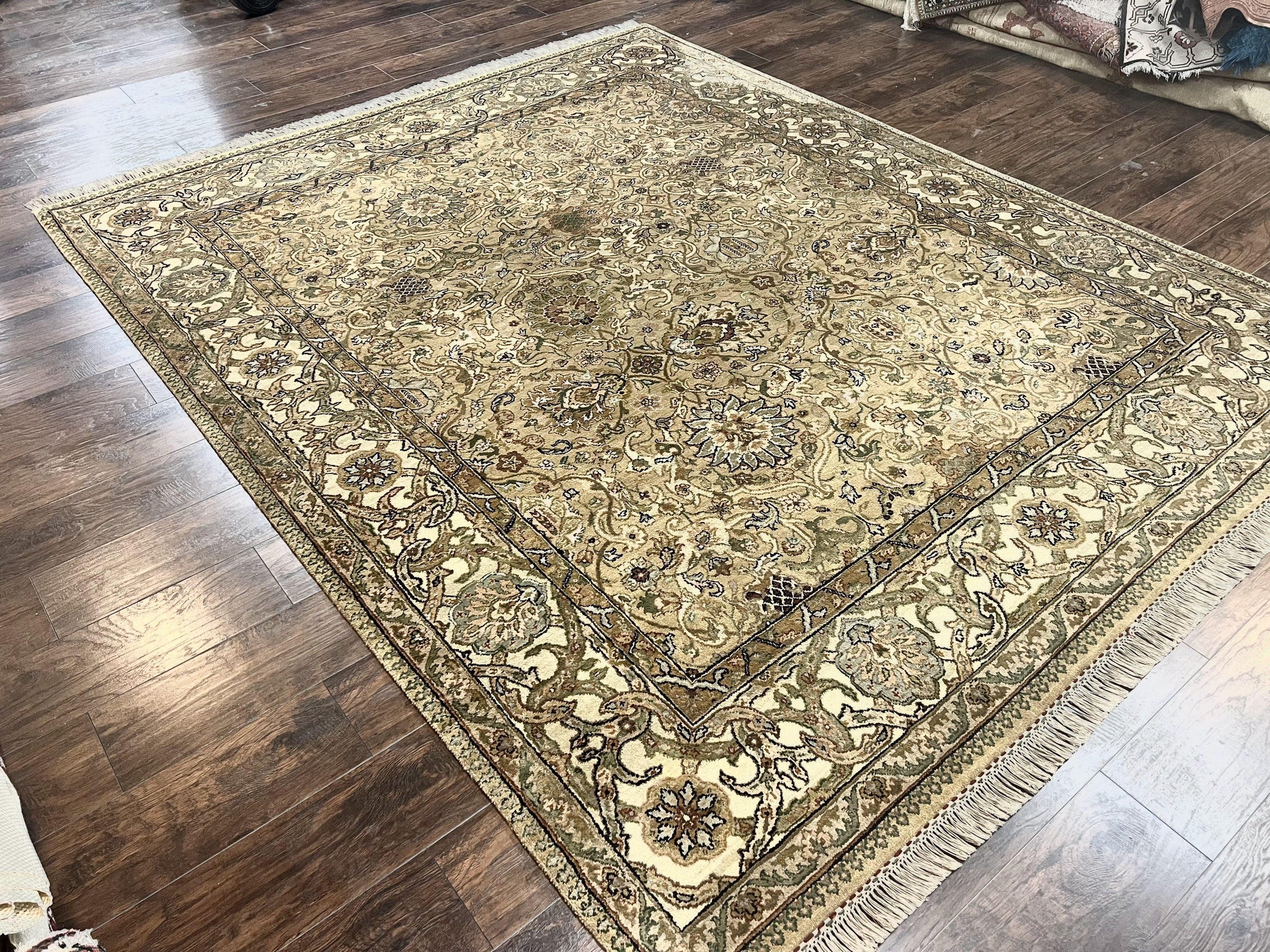 Indo Mahal Rug 8x10, Indian Jaipur Rug 8 x 10 ft, Wool Indo Persian Carpet, Handmade Traditional Floral Area Rug, Olive Green, Vintage Rug by Jewel Rugs