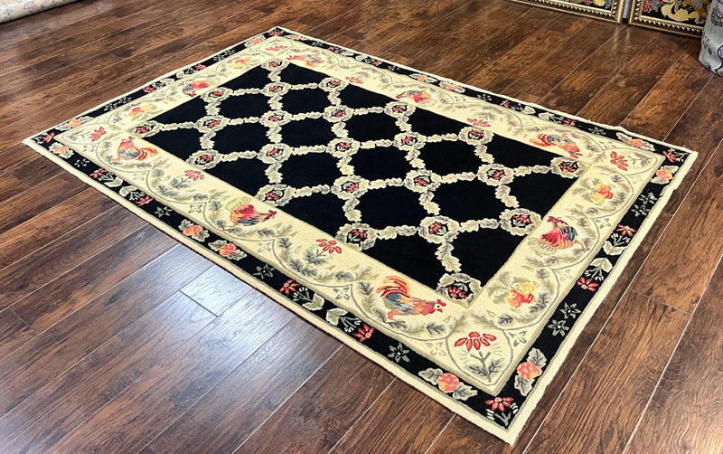 Hooked Rug 5x8, European Aubusson Pattern, Black and Ivory, Roses & Roosters, Vintage Wool Rug by Jewel Rugs