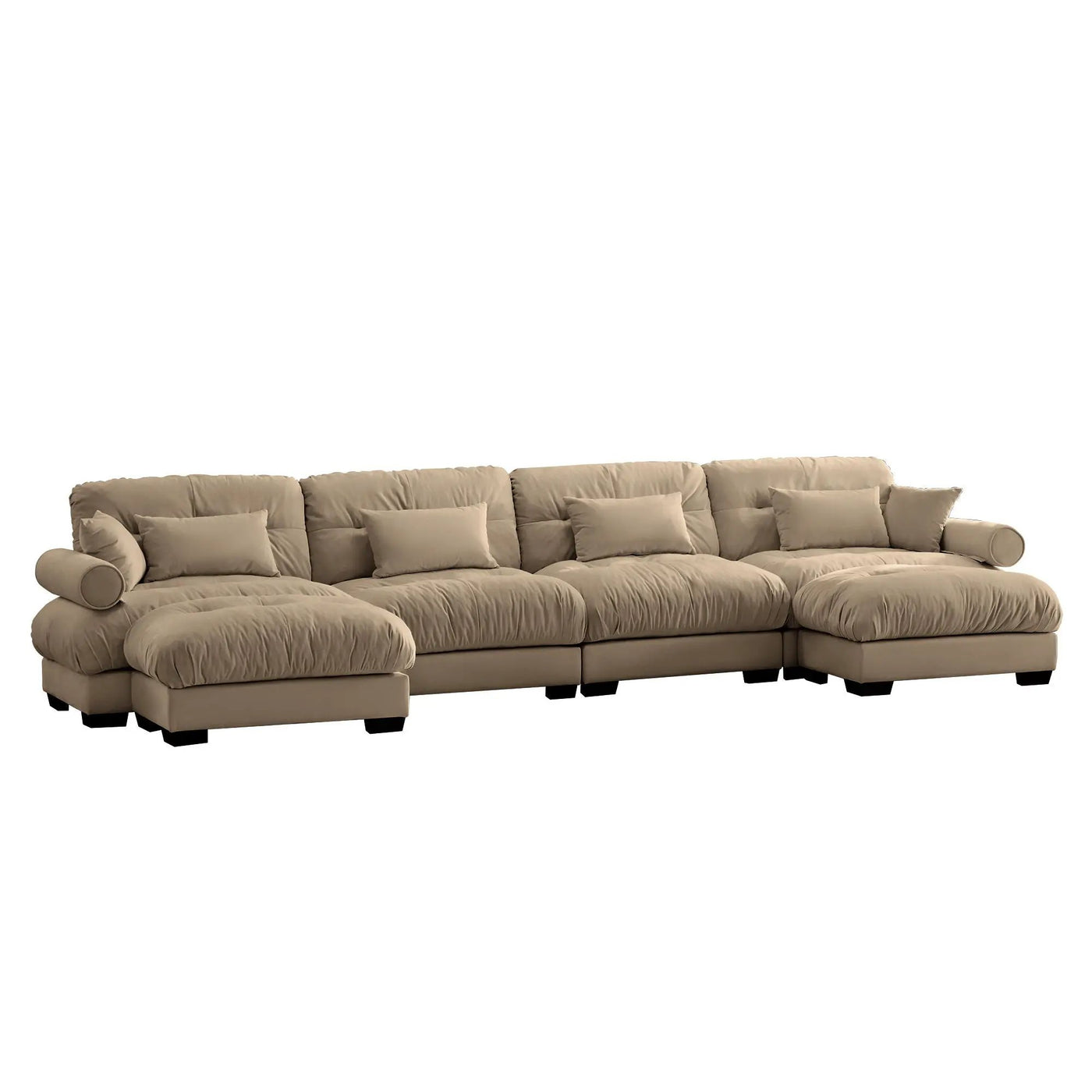 Modern Sectional Sofa With Ottoman, Round Bolster Armrests, Waist And Throw Pillows by HouseOfZazla