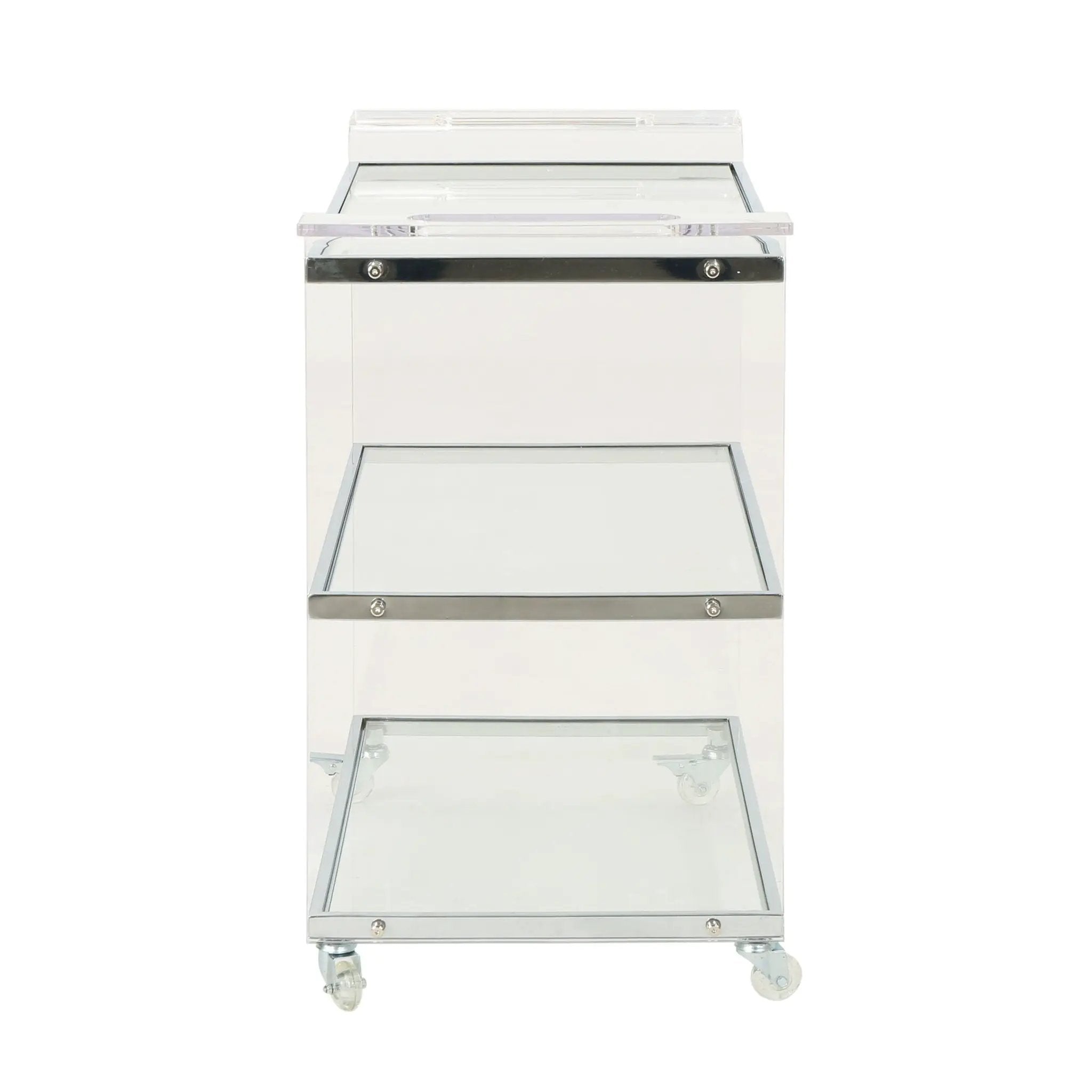 Elegant Acrylic Bar Cart With Tempered Glass Shelves And Rattan Metal Frame - Clear by HouseOfZazla