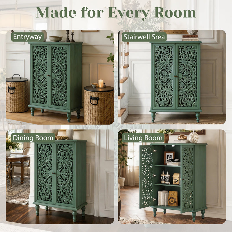 Tall Accent Cabinet with Doors & Storage, Farmhouse Hollow Carved Double Door Display Cabinet with Adjustable Shelf & Turned Legs, Freestanding Decorative Cabinet for Entryway Living Room, photo 9 of 10