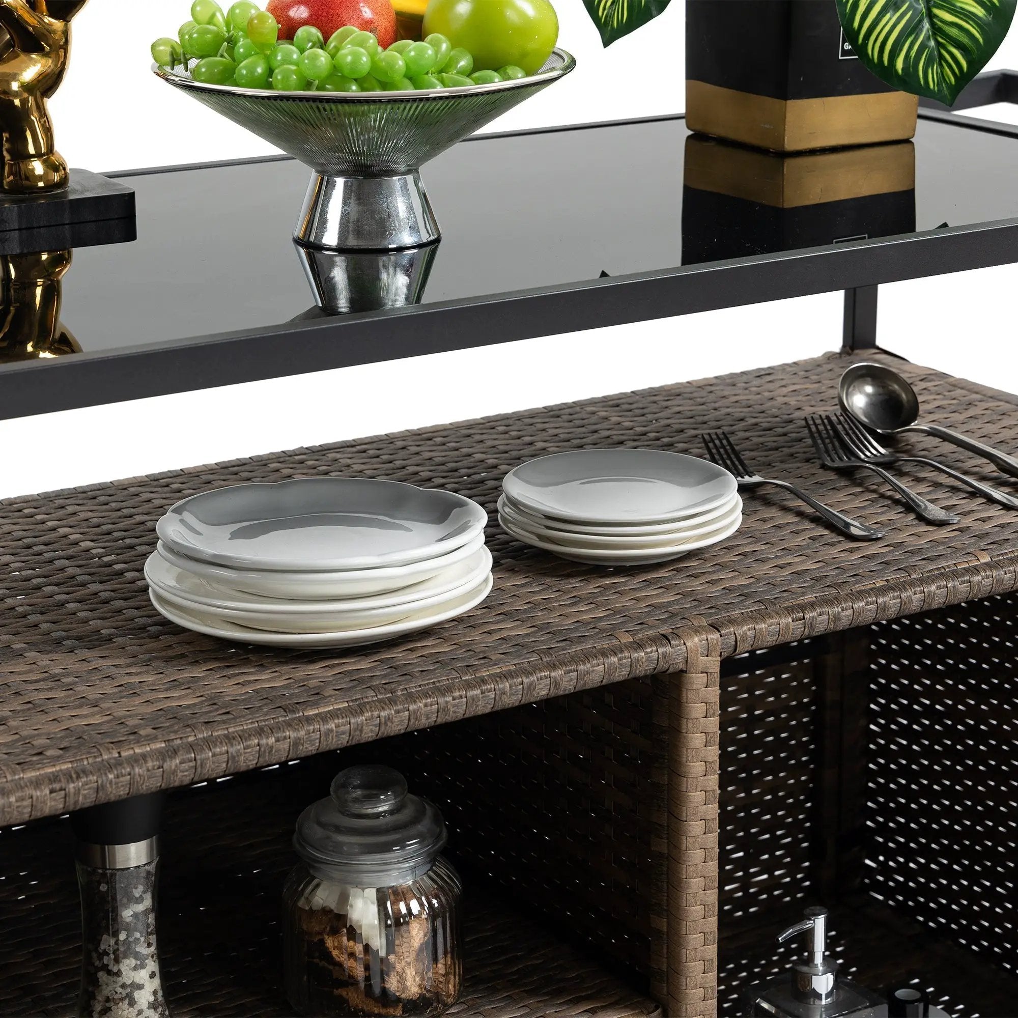 Outdoor Wicker Bar Cart with Glass Top and Wheels by HouseOfZazla