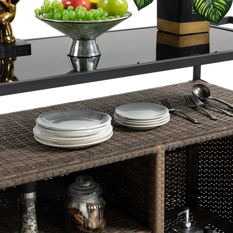 Outdoor Wicker Bar Cart with Glass Top and Wheels by HouseOfZazla