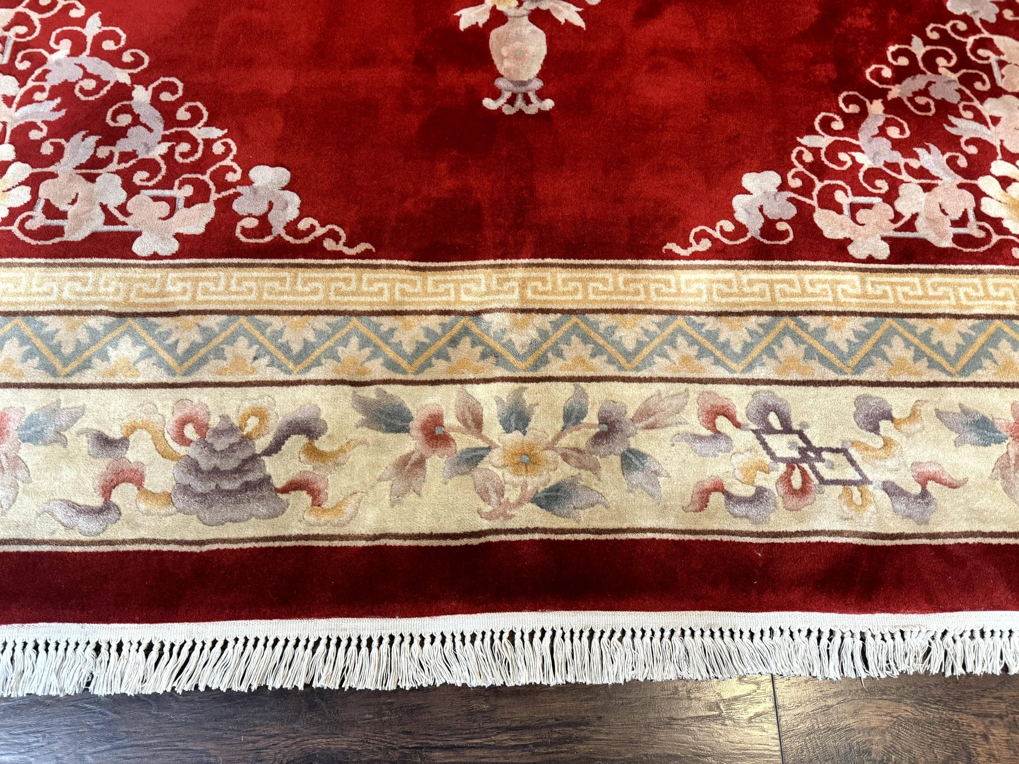 Chinese Wool Rug 8.6 x 11, Red and Beige Asian Oriental Carpet, Plush Pile, Vintage Handmade Chinese Carving Sculpted Rug, Semi Open Field by Jewel Rugs