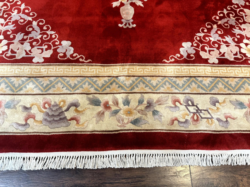 Chinese Wool Rug 8.6 x 11, Red and Beige Asian Oriental Carpet, Plush Pile, Vintage Handmade Chinese Carving Sculpted Rug, Semi Open Field by Jewel Rugs