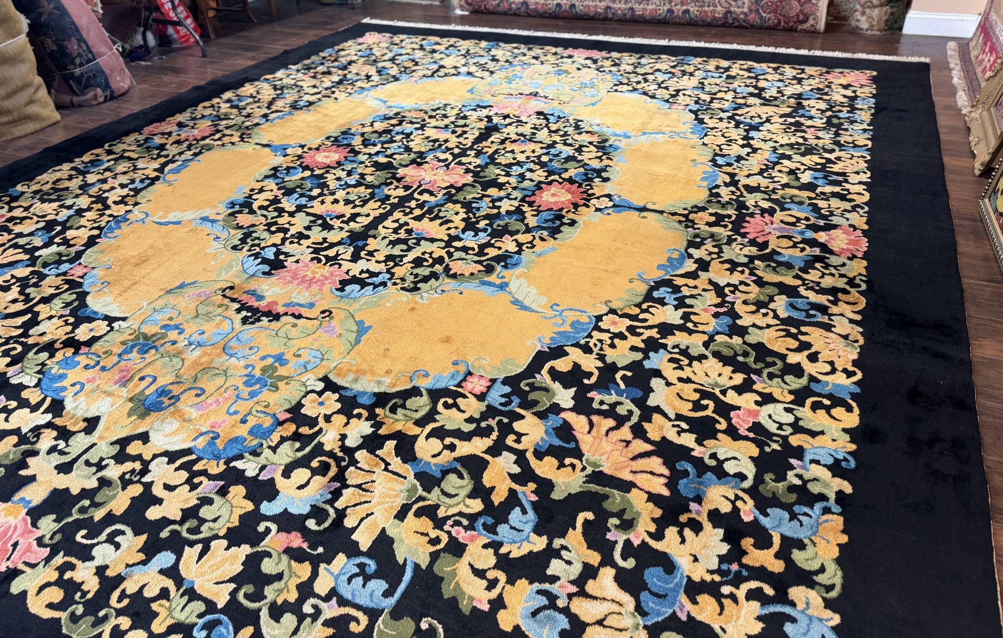 Antique Chinese Peking Rug 12.6 x 14.9, Palace Size Asian Oriental Carpet, Art Deco Rug, Rare by Jewel Rugs