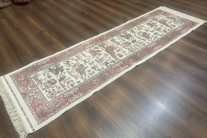 Turkish Silk Runner Rug 2.6 x 8, Hunting Design, Ivory, Bamboo Silk, New by Jewel Rugs